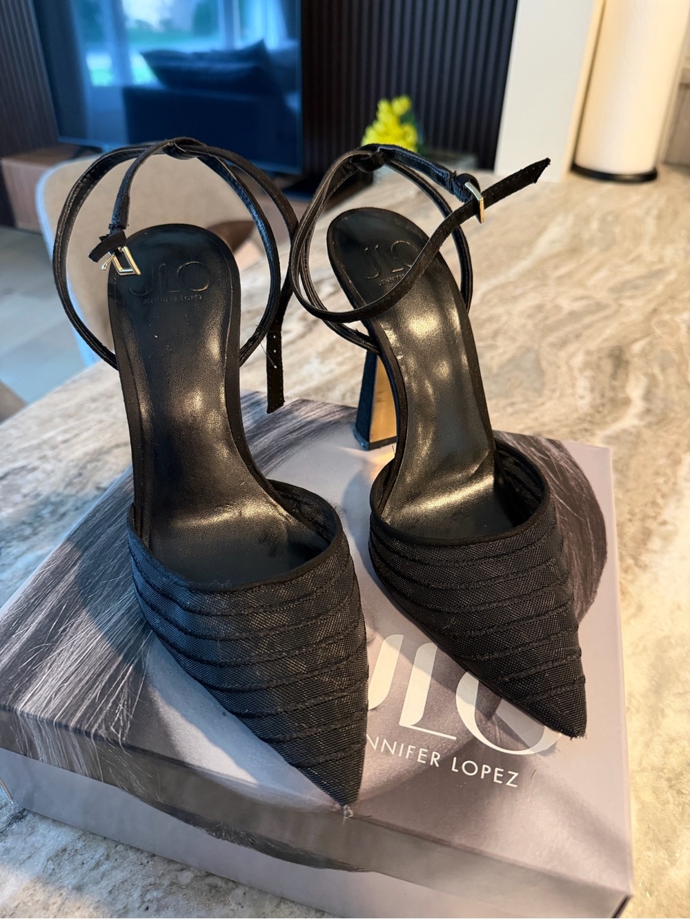 Jennifer Lopez Black Pointed Toe Ankle-Strap Mesh Heels